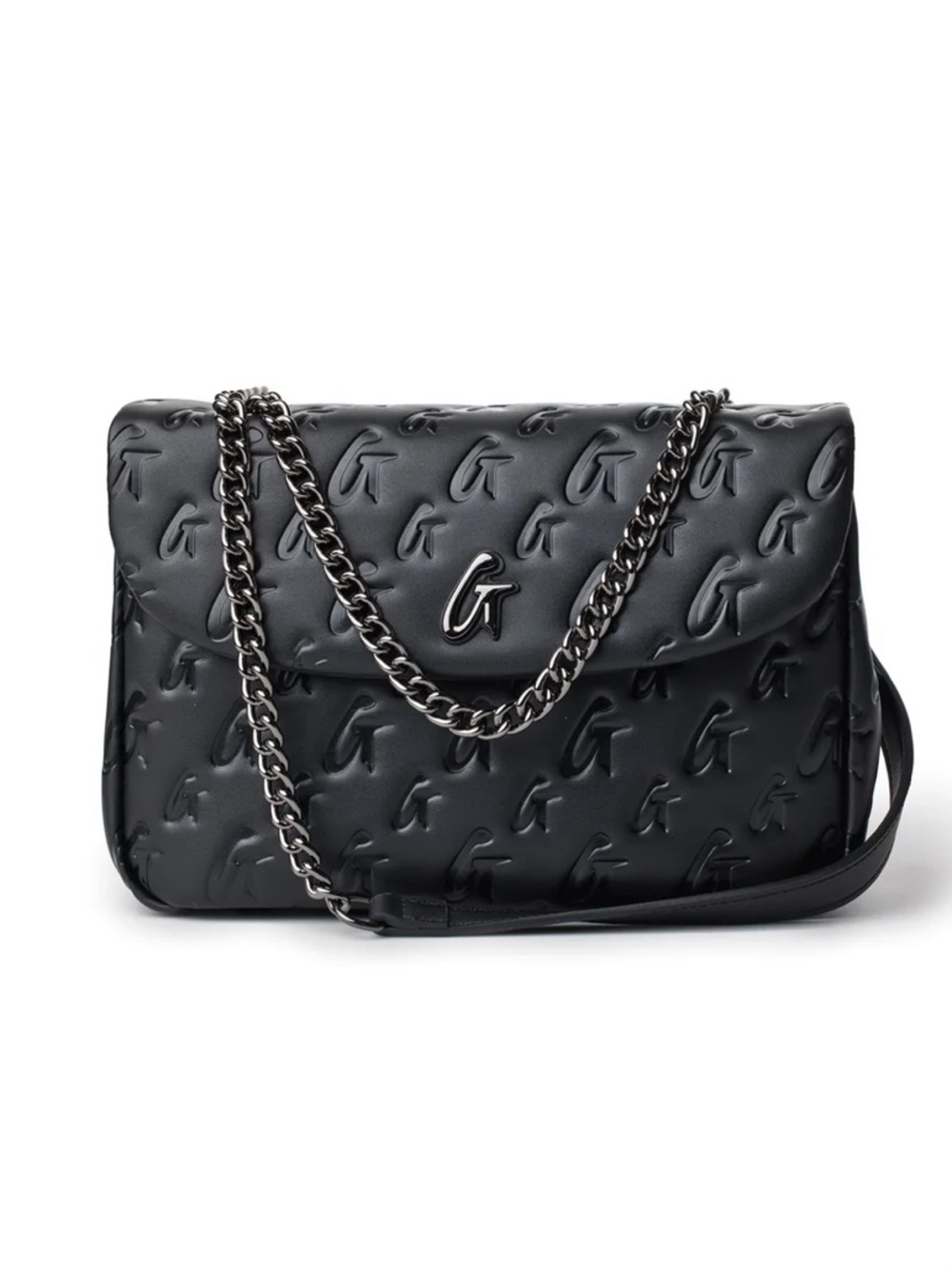 Embossed Flap Crossbody Bag with Chain Strap - Black